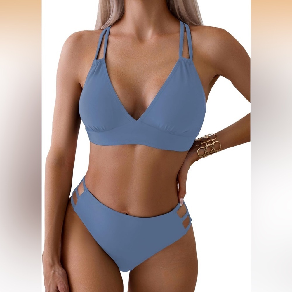 Memashore 2 Piece Cheeky High Waisted Criss Cross Back Double Straps M 778-7